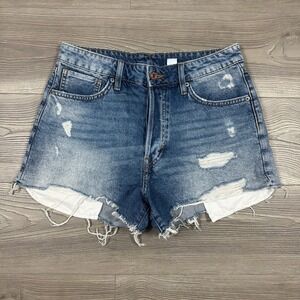 H&M &Denim Vintage High Waist Shorts - SIZE 8 Medium Wash Distressed Button Fly